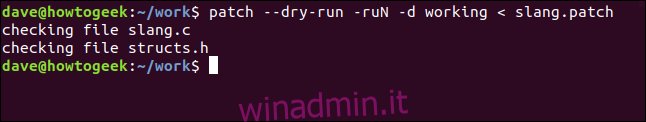patch --dry-run -ruN -d working <slang.patch in una finestra di terminale
