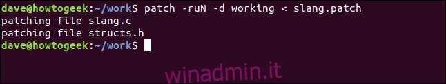 patch -ruN -d funzionante <slang.patch in una finestra di terminale