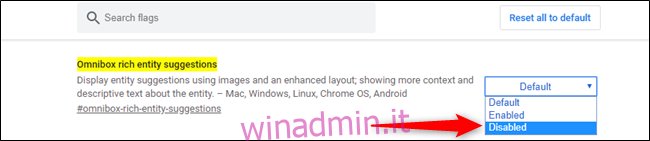 Disattivazione dei suggerimenti di immagini complete nella barra degli indirizzi di Chrome