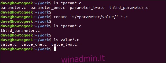 rinominare 's / ^ parametro / valore /' * .c in una finestra di terminale
