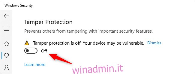 Opzione per abilitare la protezione contro le manomissioni su Windows 10