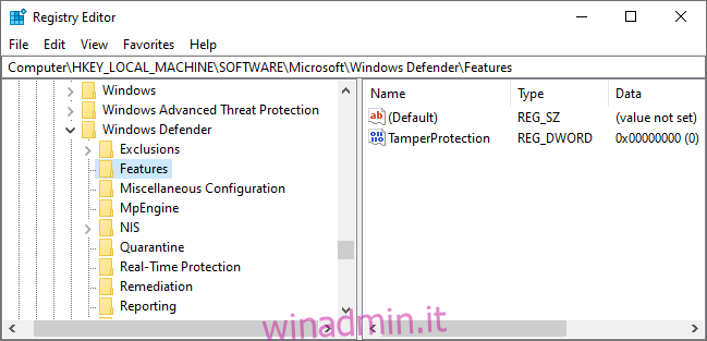 Impostazione della protezione contro le manomissioni nel registro di Windows