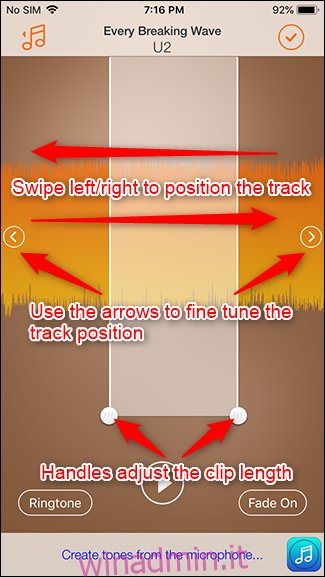 L'interfaccia controlla il posizionamento della traccia e la lunghezza della clip.