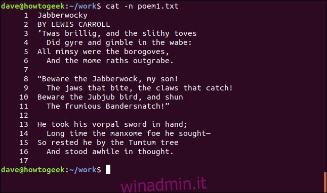 contenuto di poem1.txt con righe numerate in una finestra di terminale