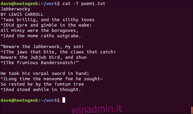 contenuto di poema1.txt con le schede visualizzate in una finestra di terminale