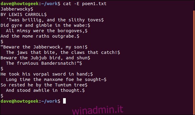 contenuto di poem1.txt con le estremità della riga visualizzate in una finestra di terminale