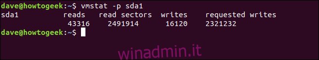 output da vmstat -p sda1 in una finestra di terminale