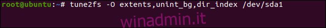 tune2fs -O extents, uninit_bg, dir_index / dev / sda1 in una finestra di terminale