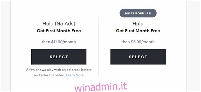 La pagina di registrazione di Hulu, con i suoi prezzi convenienti e convenienti.