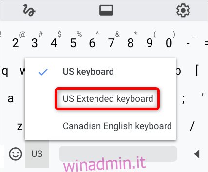 Dalla tastiera su schermo, fai clic sull'inserimento della lingua (USA), quindi scegli Tastiera estesa USA