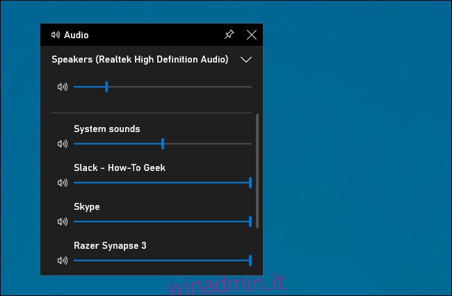 Pannello audio nella sovrapposizione della barra dei giochi di Windows 10