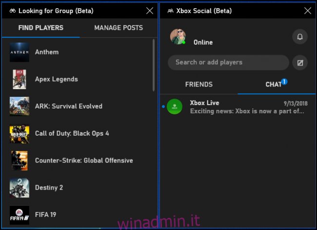 Ricerca di pannelli beta di gruppo e Xbox Social nella barra dei giochi