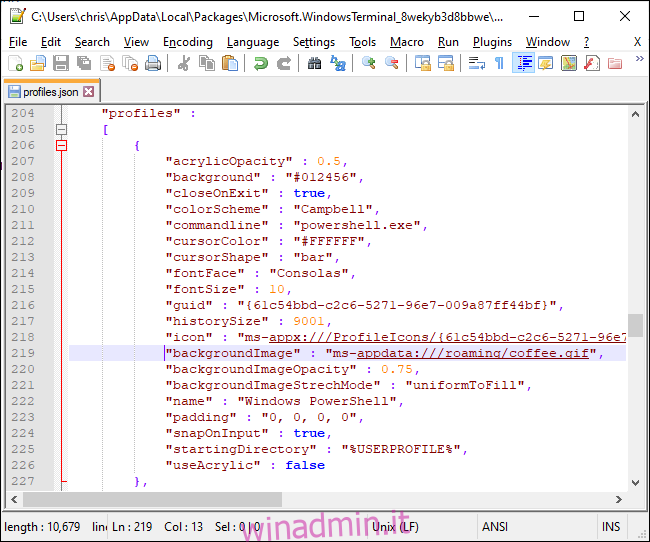 Impostazione di un'immagine di sfondo nel file JSON di Windows Terminal