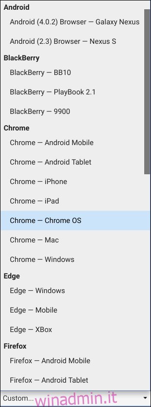 Un elenco di tutti gli agenti utente preconfigurati in Chrome