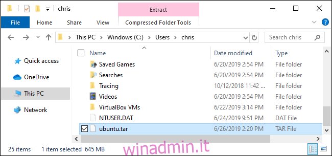 File TAR di un ambiente Linux creato da Windows 10