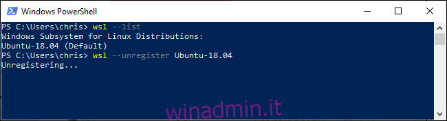 Annullamento della registrazione o eliminazione di un ambiente Linux dalla riga di comando di Windows 10
