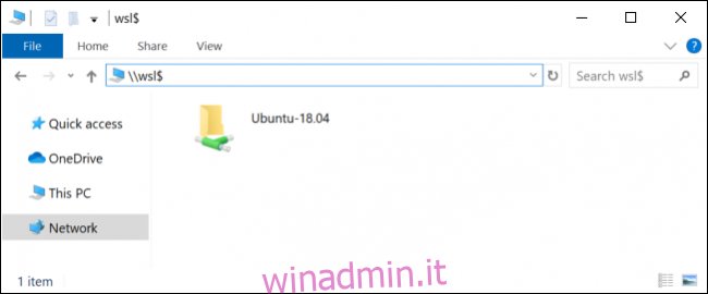 Windows 10 che mostra il percorso di rete  wsl $ in Esplora file
