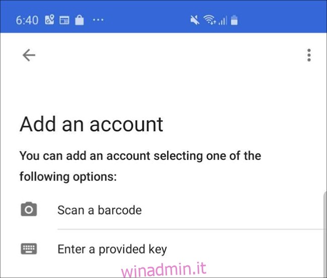 La schermata dell'app Google Authenticator su un telefono, dove tocchi 