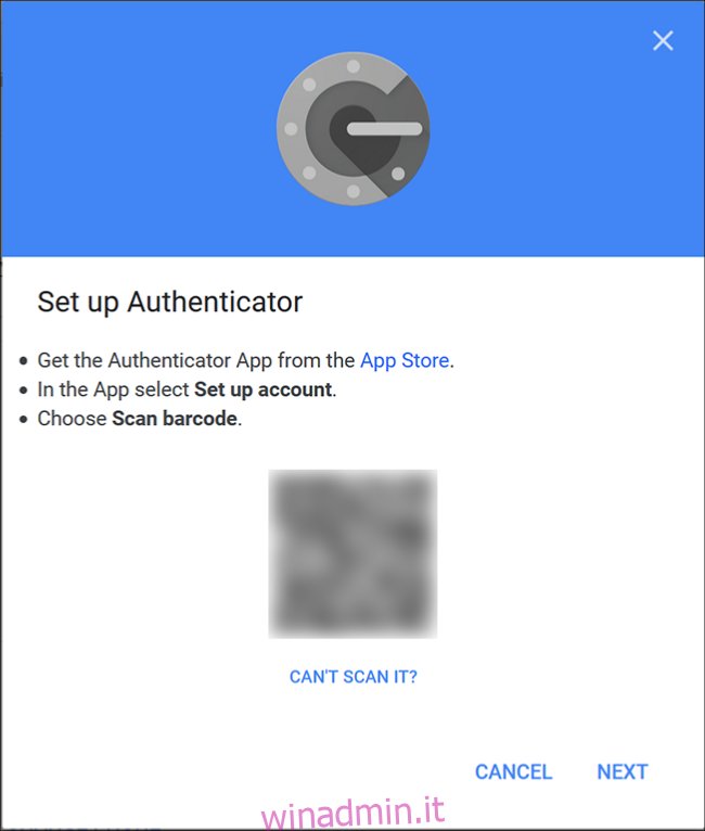 La schermata di Google Authenticator in cui si esegue la scansione del codice QR utilizzando l'app sul telefono.