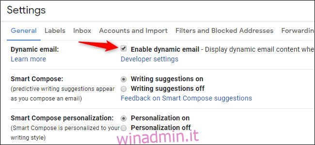 Opzione per disabilitare o abilitare l'email dinamica in Gmail