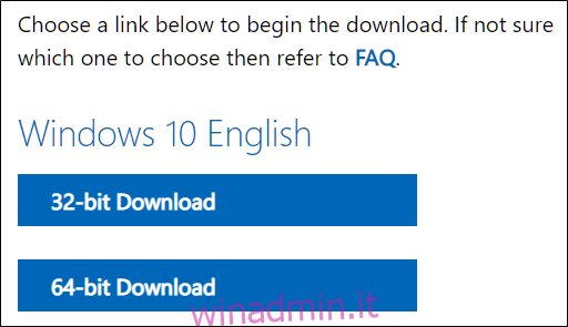 Seleziona la versione a 32 o 64 bit di Windows 10.