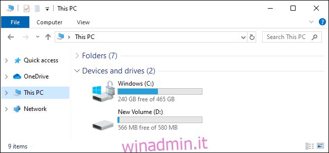 Questa vista PC mostra le unità C: e D: su Windows 10