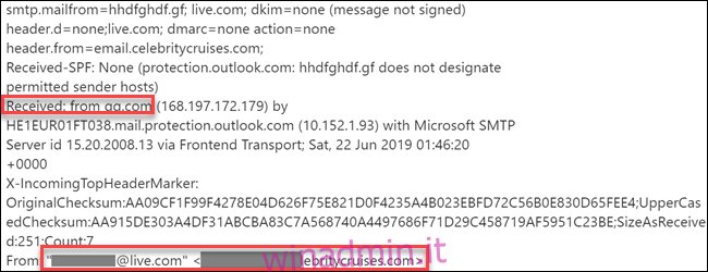 Intestazione dell'email che mostra due diversi indirizzi email: l'indirizzo email di una persona e un indirizzo spam.