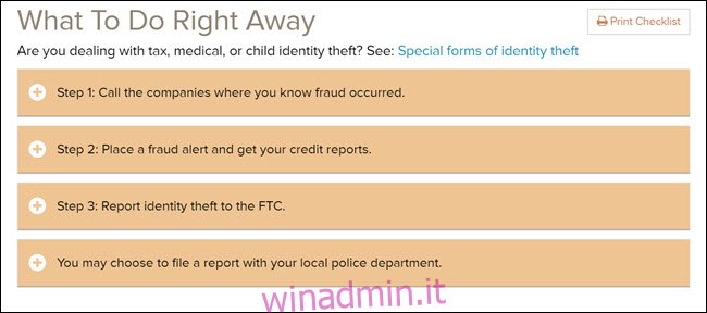 Cosa fare subito se sei vittima di un elenco di controllo per il furto di identità sul sito Web della FTC.