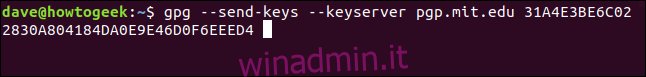 gpg --send-keys --keyserver pgp.mit.edu 31A4E3BE6C022830A804DA0EE9E4D6D0F64EEED4 in una finestra di terminale