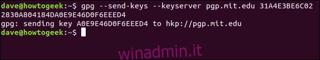 la chiave di conferma è stata inviata al server delle chiavi in ​​una finestra di terminale