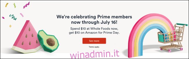 Banner di offerta da $ 10 di Whole Foods Prime Day