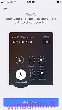 Passaggio 3 del tutorial per registrare una chiamata in uscita nell'app Rev.  Clicca il 