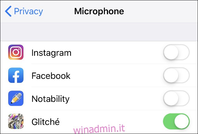 Le impostazioni del microfono nelle impostazioni della privacy su iOS.