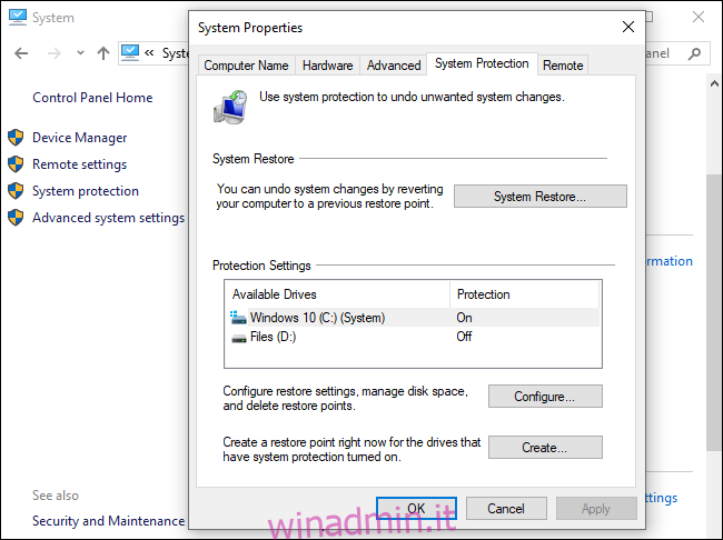 Opzioni di ripristino del sistema su Windows 10.