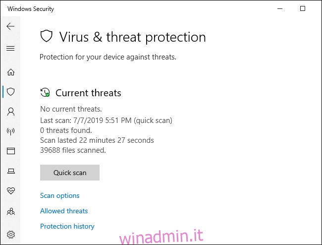 Menu di scansione antivirus di Windows Defender.