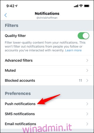 Apertura delle opzioni di notifica push di Twitter sul cellulare
