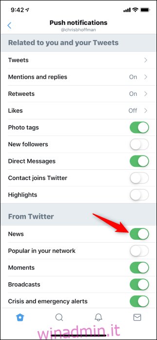 Opzione per disabilitare le notifiche push di Twitter News for You nell'app per iPhone