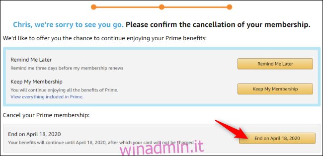 Opzione per annullare il rinnovo automatico Prime su Amazon.com