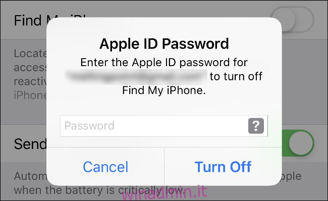 Digita la password dell'ID Apple per disattivarla 