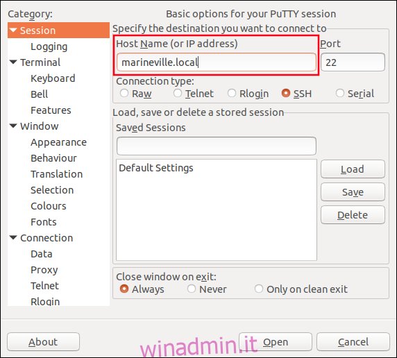 la finestra PuTTY con i dettagli dell'host aggiunti