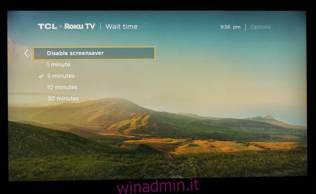 Finestra di dialogo delle impostazioni del tempo dello screensaver Roku, con 5 minuti selezionati.