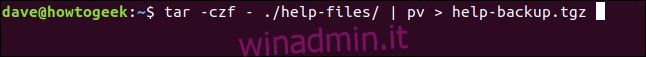 tar -czf - ./help-files/ |  pv> help-files.tgz in una finestra di terminale “width =” 646 ″ height = “57” onload = “pagespeed.lazyLoadImages.loadIfVisibleAndMaybeBeacon (this);”  onerror = “this.onerror = null; pagespeed.lazyLoadImages.loadIfVisibleAndMaybeBeacon (this);”> </p>
<p> Otteniamo gli stessi indicatori di progresso di prima e il file di archivio viene creato per noi. </p>
<p> < p> <img caricamento =