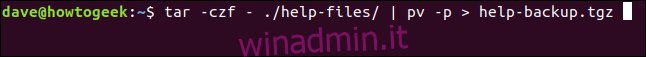 tar -czf - ./help-files/ |  pv - p> help-files.tgz in una finestra di terminale “width =” 646 ″ height = “57” onload = “pagespeed.lazyLoadImages.loadIfVisibleAndMaybeBeacon (this);”  onerror = “this.onerror = null; pagespeed.lazyLoadImages.loadIfVisibleAndMaybeBeacon (this);”> </p>
<p> Questo disattiva tutte le altre opzioni di visualizzazione.  pv fornisce solo l’elemento percentuale di completamento. </p>
<p> Poiché pv non ottiene una cifra di percentuale completata da tar, la barra di avanzamento viene sostituita da un indicatore in movimento.  Non esiste una cifra percentuale. </p>
<p> <img loading =