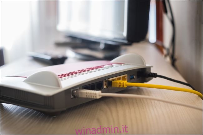 Cavi collegati alla parte posteriore di un modem che si trova su una scrivania accanto a un computer.
