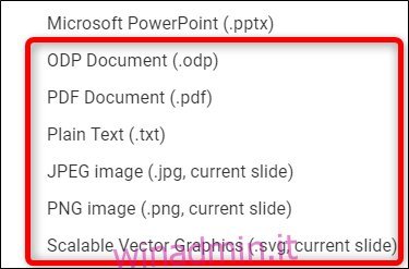La finestra delle opzioni del formato di download in Presentazioni Google.