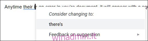 Fare clic con il pulsante destro del mouse sull'errore per visualizzare la correzione del correttore ortografico.