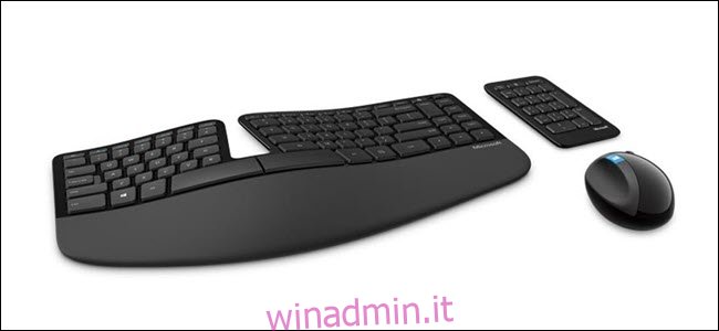 Scultura wireless Microsoft, tastiera ergonomica, tastierino numerico e mouse.