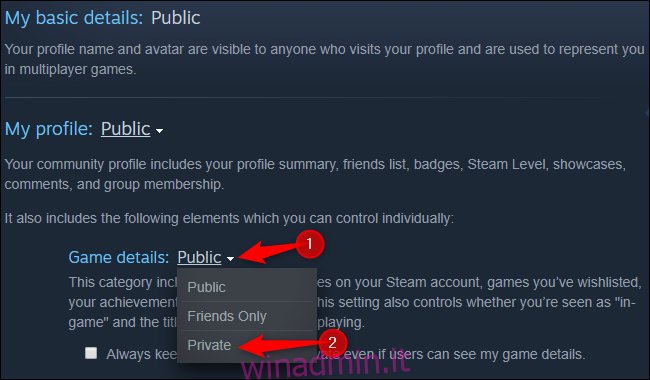 Impostare le informazioni sui dettagli del gioco come private in Steam