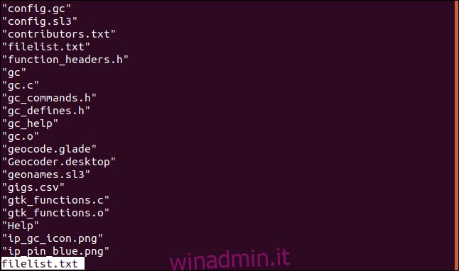 Contenuto di filenames.txt in less in una finestra di terminale.