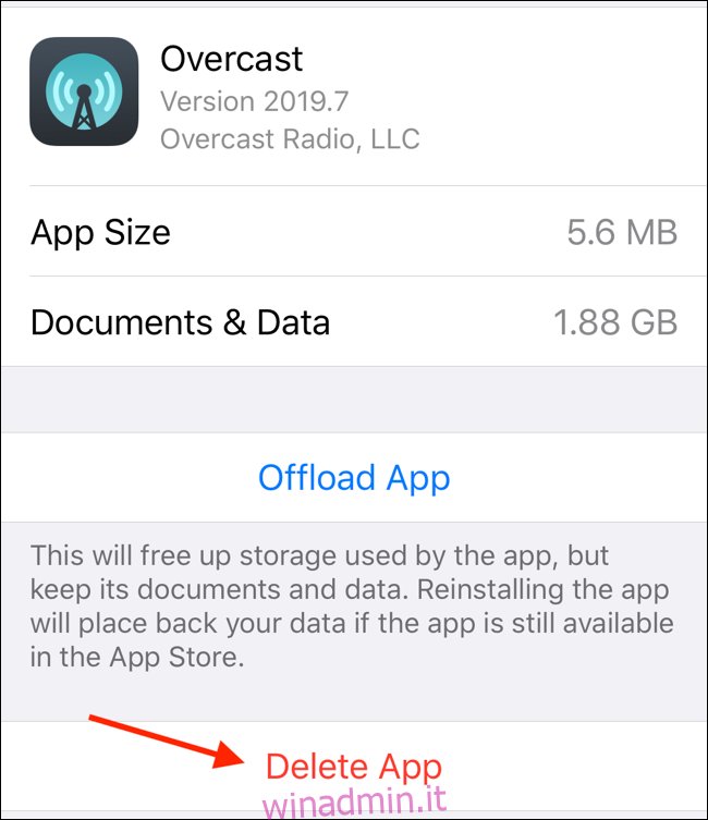 Elimina l'app dalla schermata di archiviazione dell'iPhone